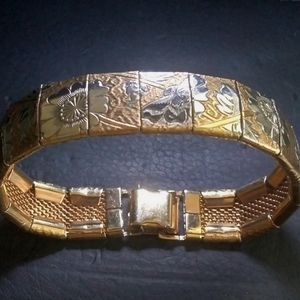 Vintage 50's Etched Tri Color Gold Filled Floral Panel Mesh Bracelet
